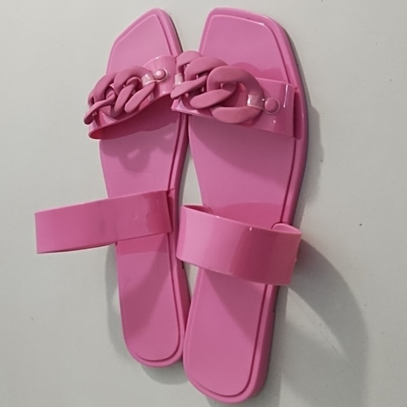 Hot Pink Jelly Sandal Flip-Flops with Chain Detail - Picture 2 of 8